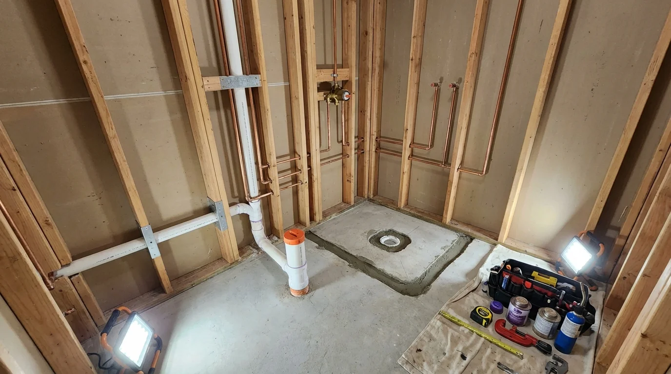Bathroom rough-in plumbing during remodel by Johns Plumbing LLC in Fort Lee