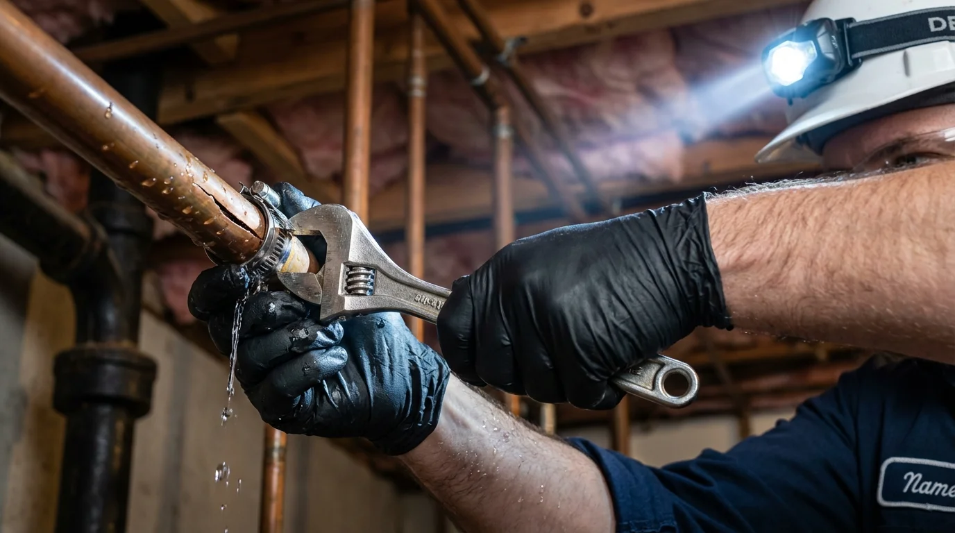 Emergency pipe clamp repair being performed by a Johns Plumbing LLC plumber in Fort Lee