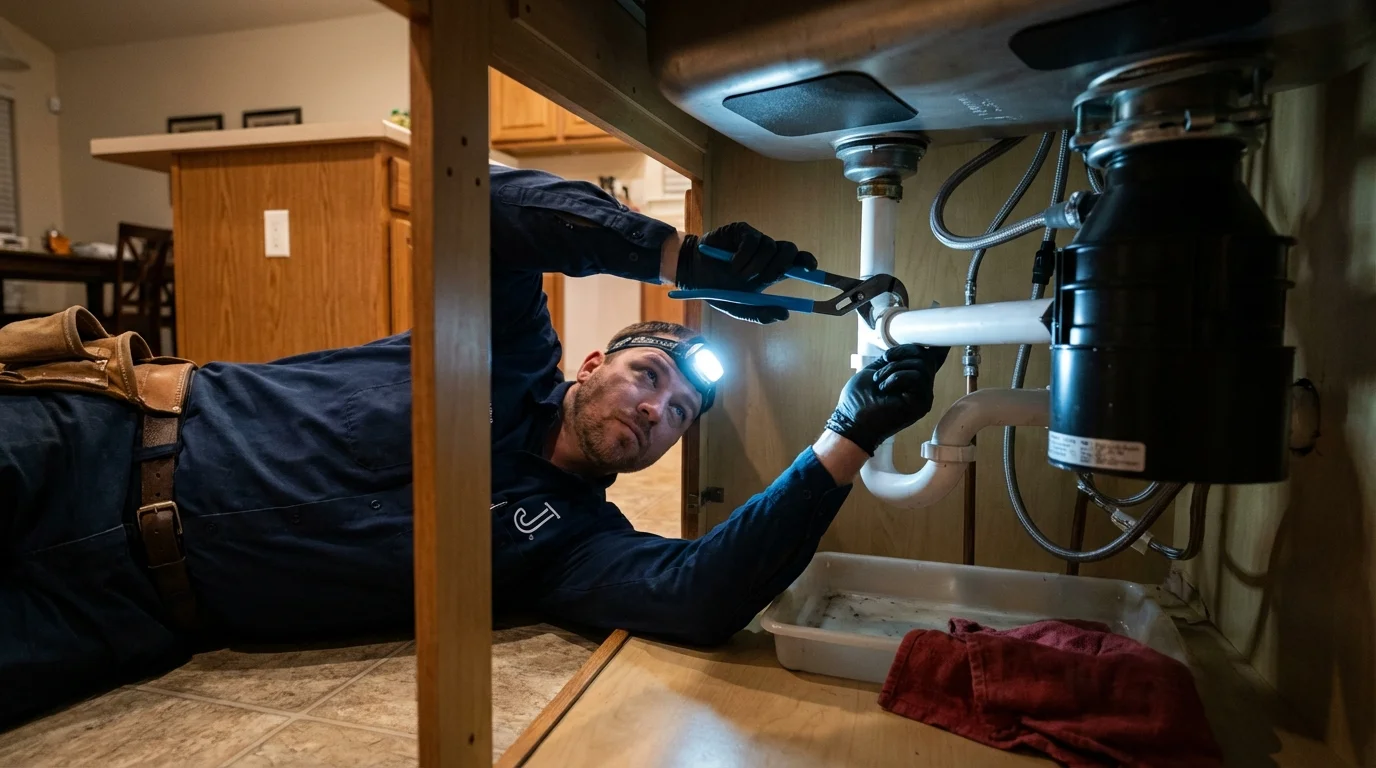 P-trap and supply line connections under a kitchen sink showing a common leak point in Fort Lee, NJ
